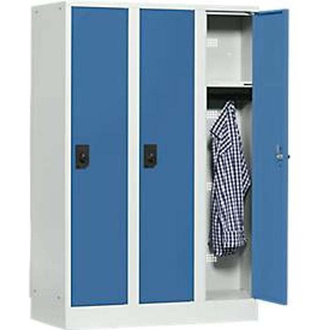 Schoollocker, compartimentbreedte 300 mm, veiligheidscilinderslot, 3 compartimenten, lichtgrijs/briljantblauw