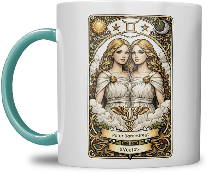 Sterrenbeeld mok - Tweeling - Zeegroen Blauw - Tarot mok - Gepersonaliseerd met naam en datum