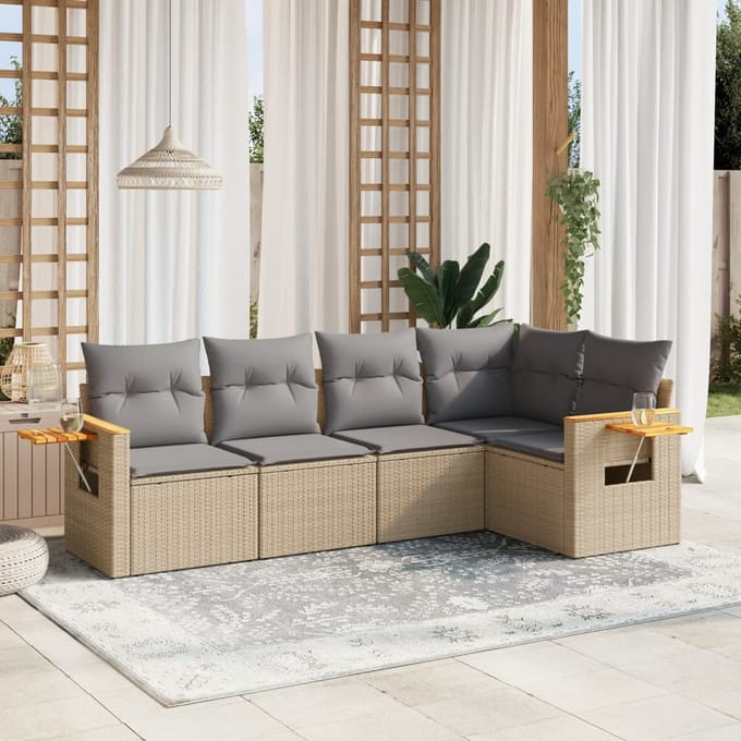 vidaXL - 5-delige - Loungeset - met - kussens - poly - rattan - beige