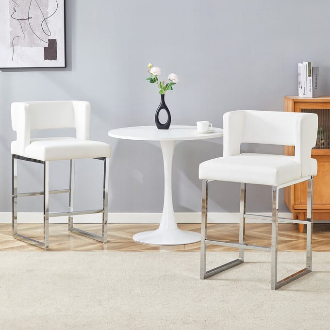 MODFU Barkruk set van 2, PU kunstleer, metalen poten in zilver, Scandinavisch vierkant design