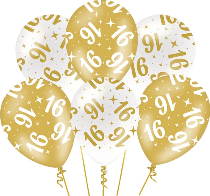 Ballonnen Fancy - 16 jaar - Wit-Goud - 6 stuks