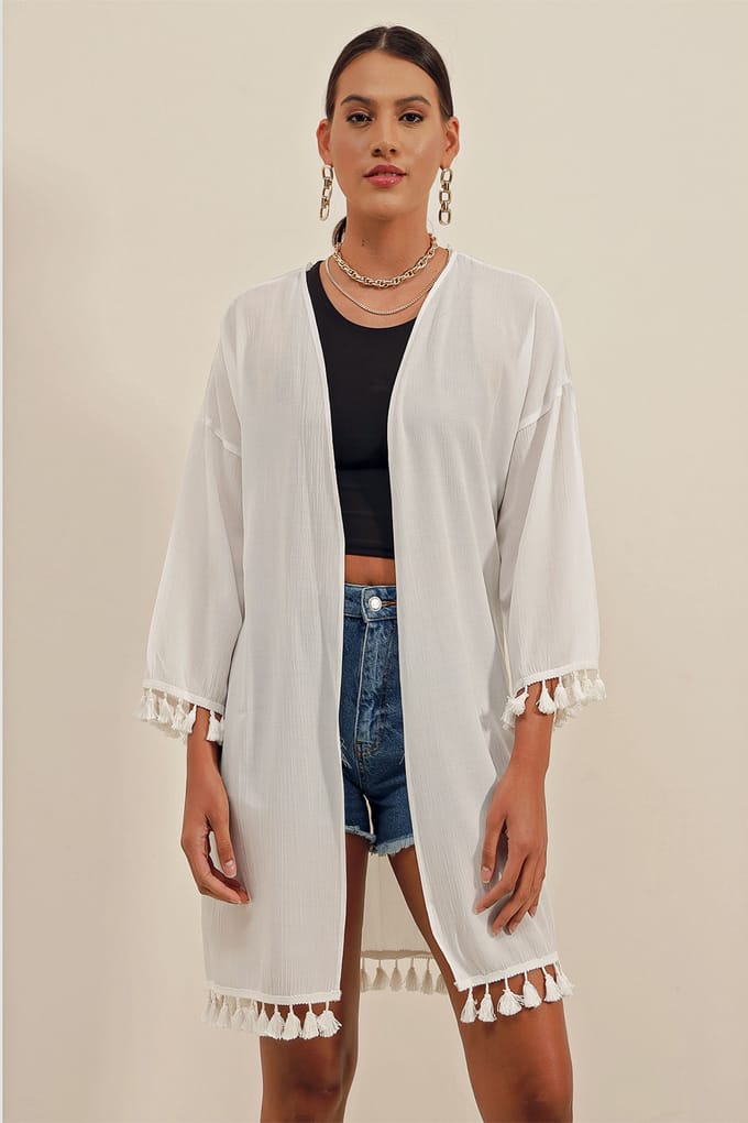 Midi Strand Kimono met Pompom Detail