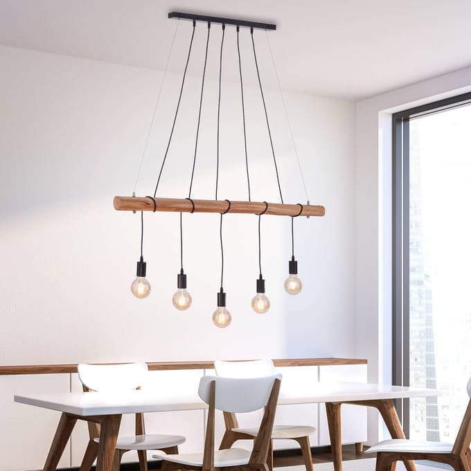 JUST LIGHT. GmbH Damian hanglamp met houten balk en 5 fitting