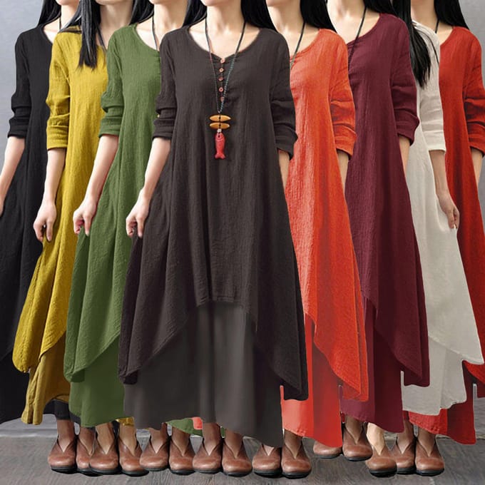 Mode Vrouwen Casual Losse Jurk Effen Lange Mouw Boho Lange Maxi Jurk XXXL wit