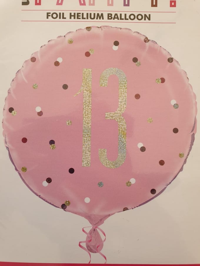 Helium Ballon 13 Jaar Roze 45cm leeg