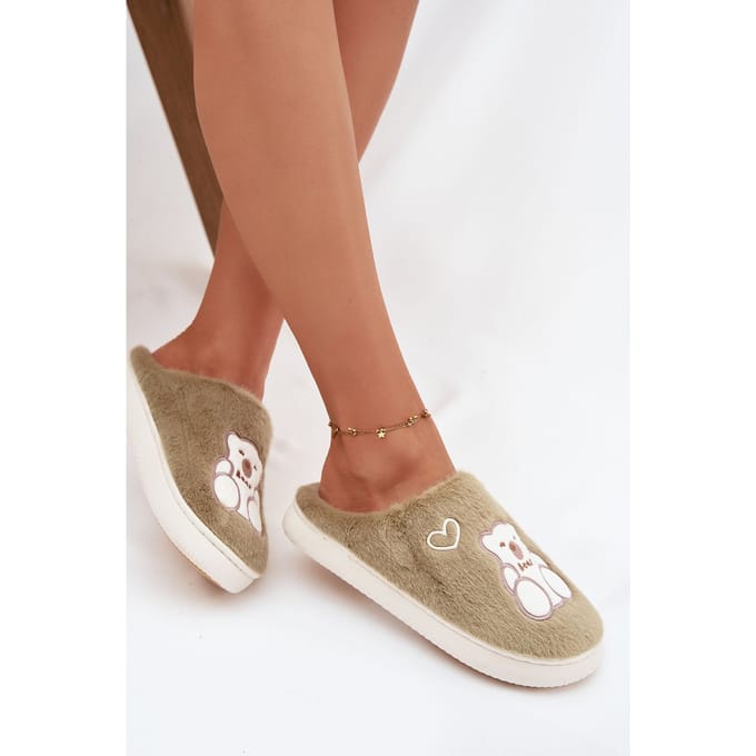 Bear & Heart Cozy Slippers - Olijfkleur / 36/37