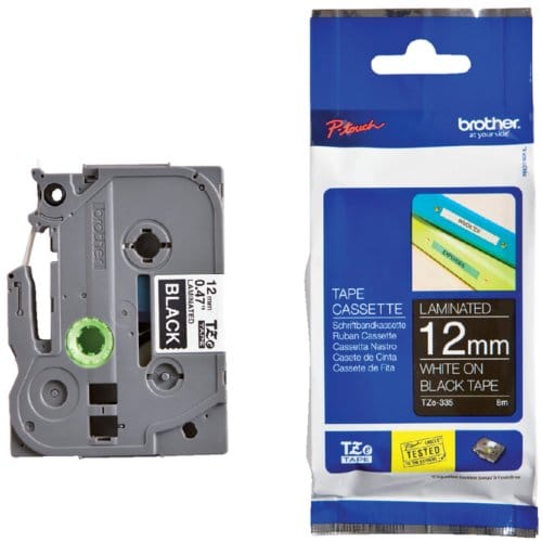 Brother TZe335 12mm (0.47") White on Black Label tape for P-Touch 8m
