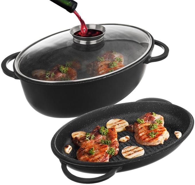 Orion - Graniet Braadslee met Deksel - 10L - Inclusief Grillpan - Inductiegeschikt
