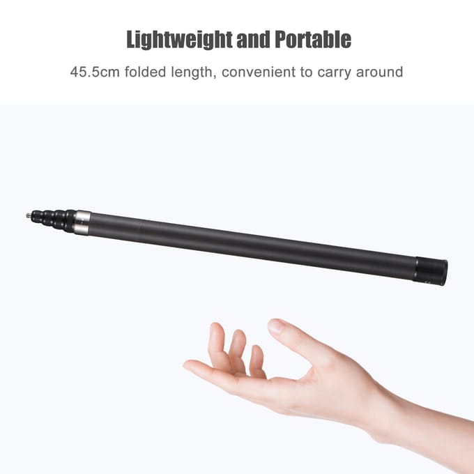 Draagbare selfiestick koolstofvezelstandaard camerabeugel 1/4 inch schroefbevestiging 45,5 cm-280 cm/ zwart