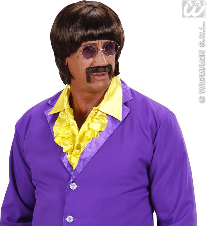 pruik popster 60s bruin met snor en bril