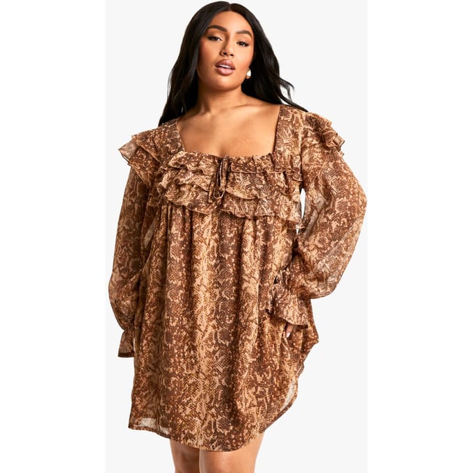 boohoo Dames Plus Snake Print Ruffle Smock Mini Jurk | Slangenprint | Maat: 44