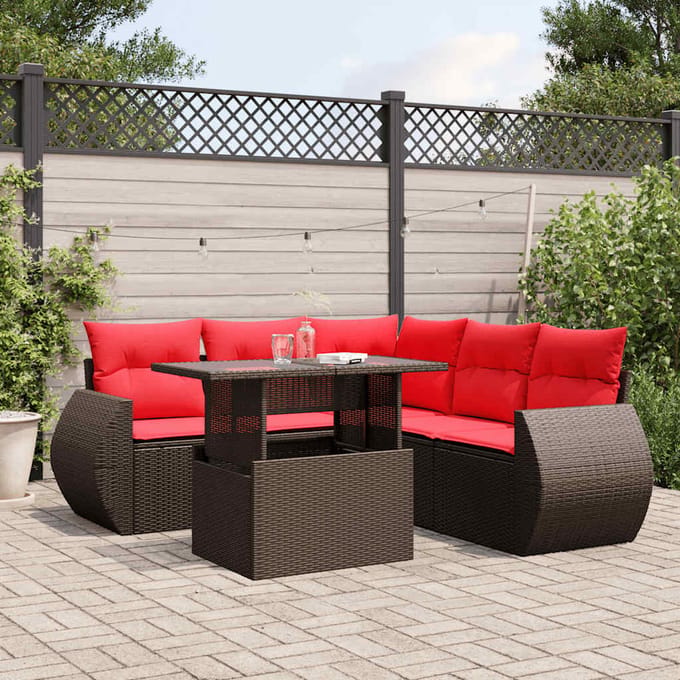 vidaXL - 6-delige - tuinbankset - met - kussens, - bruin - polyrotan