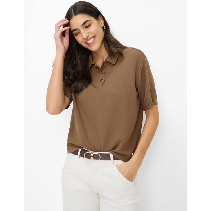 Brax Dames Poloshirt  Style CARA S mocha brown, donkerbruin, maat 46