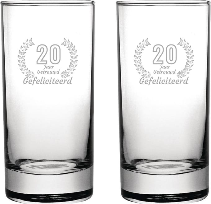 Gegraveerde set Longdrinkglazen 28,5cl Gefeliciteerd 20 jaar getrouwd