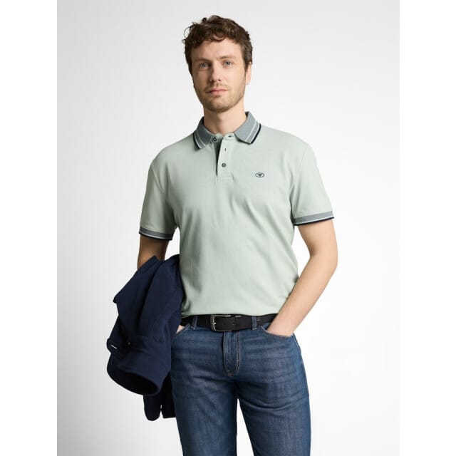 Tom Tailor - Piqué poloshirt met logo-print - Maat M - soft greyish green