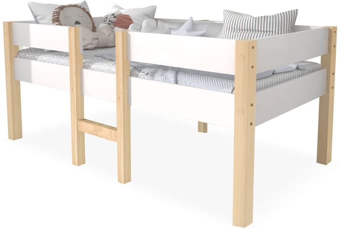 Halfhoogslaper - Kinderbed met valbeveiliging - grenen-massief hout - 90x200 cm - Wit & Eiken - Zonder matras