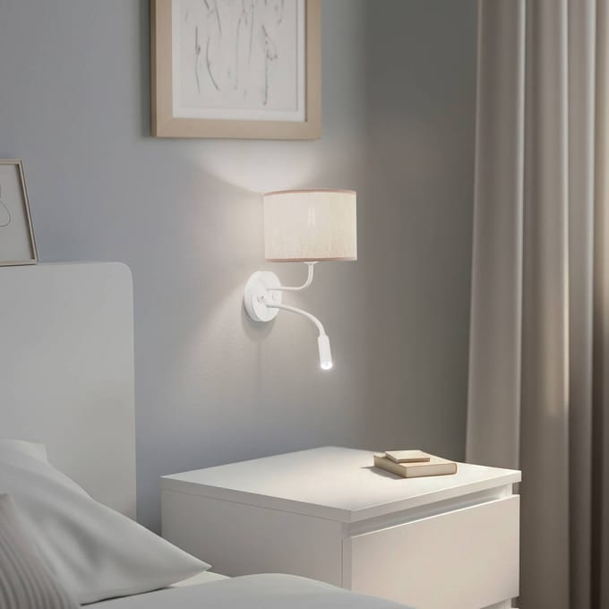 Duolla Wandlamp Roller, katoen ruw wit, wit, met leeslampje