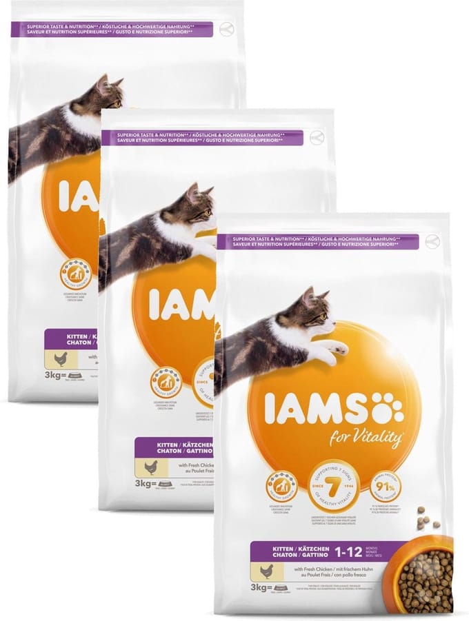 Iams Kitten & Junior Kip - Kattenvoer - 3 x 3 kg