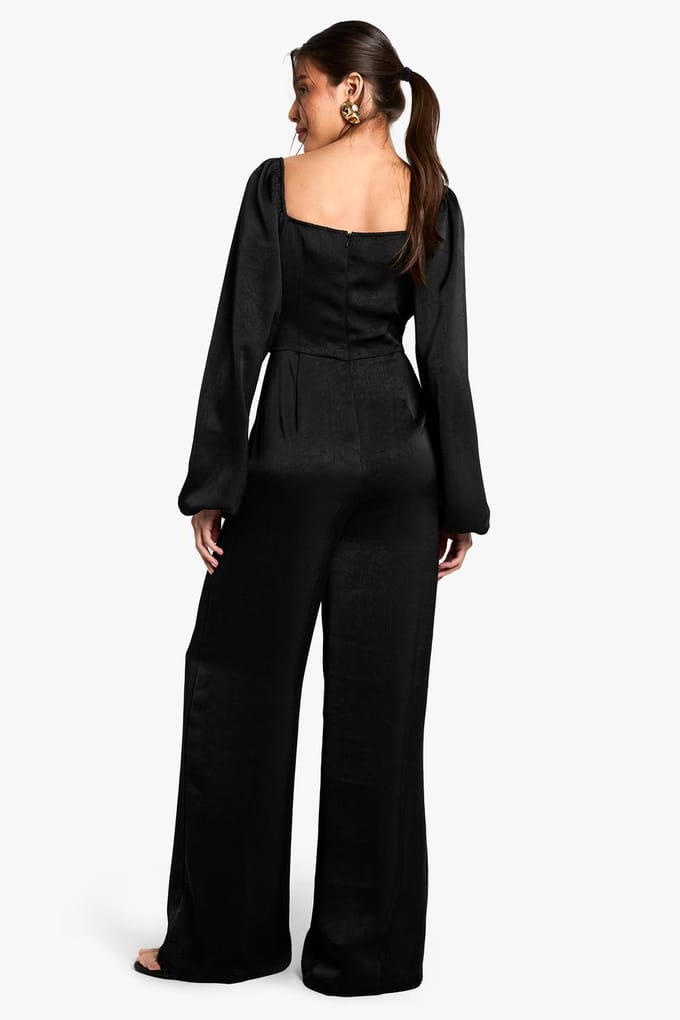 boohoo Dames Gestructureerde satijn wikkel jumpsuit | Black | Maat: 8