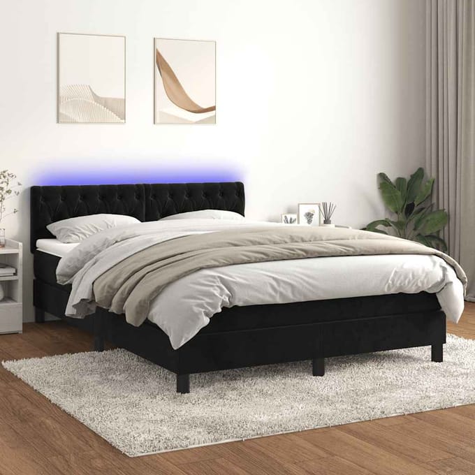 vidaXL - Boxspring - met - matras - en - LED - fluweel - zwart - 140x190 - cm