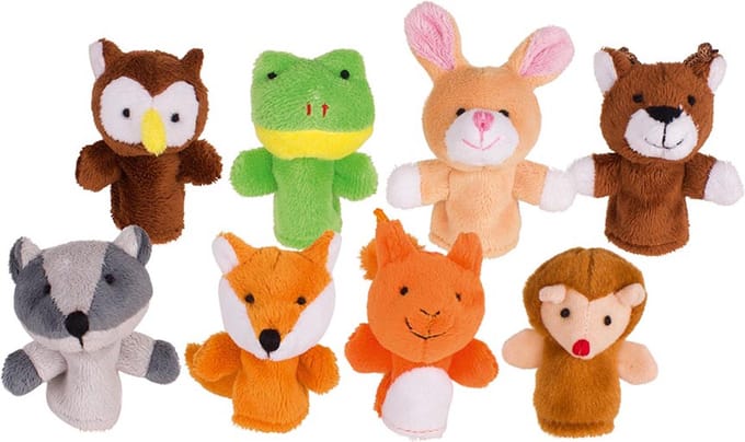 Vingerpopjes: BOSDIEREN SET H7,5-8,5cm, pluche, 8 modellen gemengd, 1+