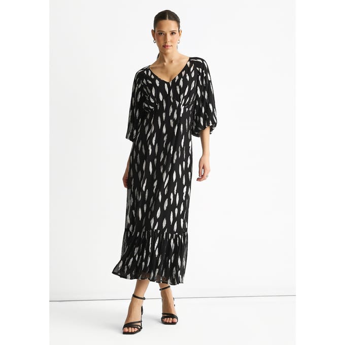 Zwarte viscose maxi-jurk met geknipte ballonmouwen