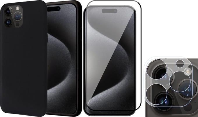 Hoesje geschikt voor iPhone 15 Pro Max - Screenprotector FullGuard & Camera Lens Screen Protector - Back Cover Case SoftTouch Zwart