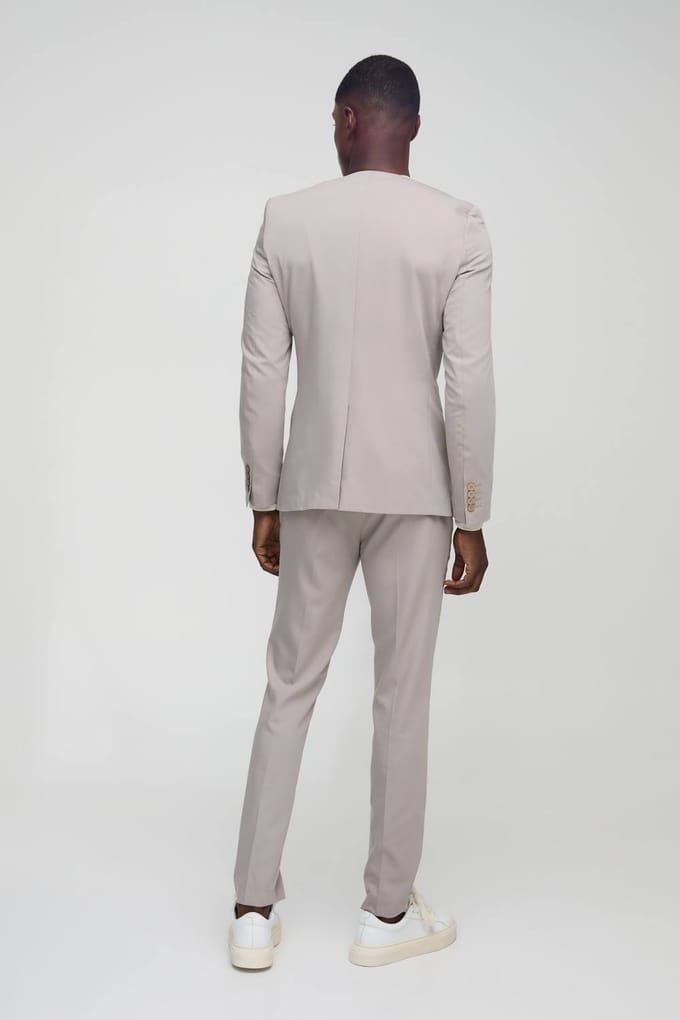 Skinny Fit Collarless Single Breasted Blazer | Stone | Size 48