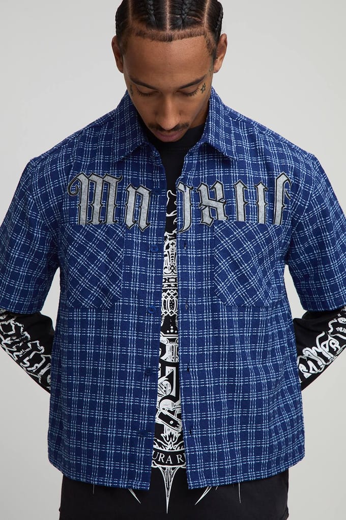 Oversized Microcheck MMXIII Applique Double Pocket Shirt | Blue | Size Small