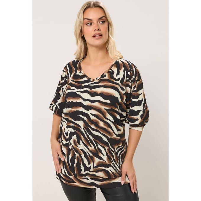 Yours Bruine Top Met Ballonmouwen En Dierenprint Size 48