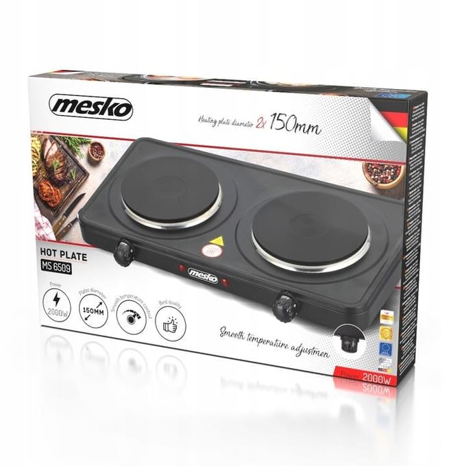 Mesko MS 6509 elektrische kookplaat, 2 branders, 2000W, temperatuurregeling, Zwart