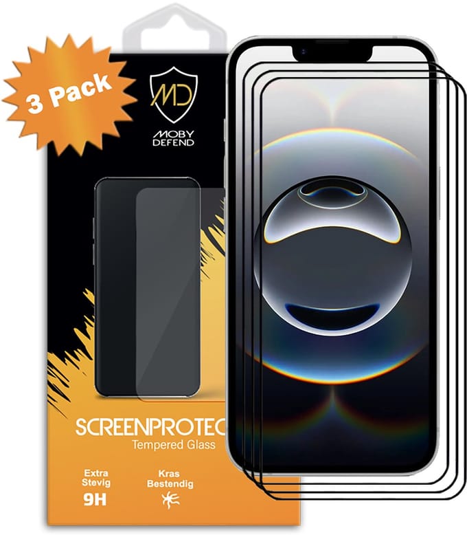 3-Pack MobyDefend Screenprotectors - Geschikt voor iPhone 16e - Screensavers Met Zwarte Randen - Gehard Glas