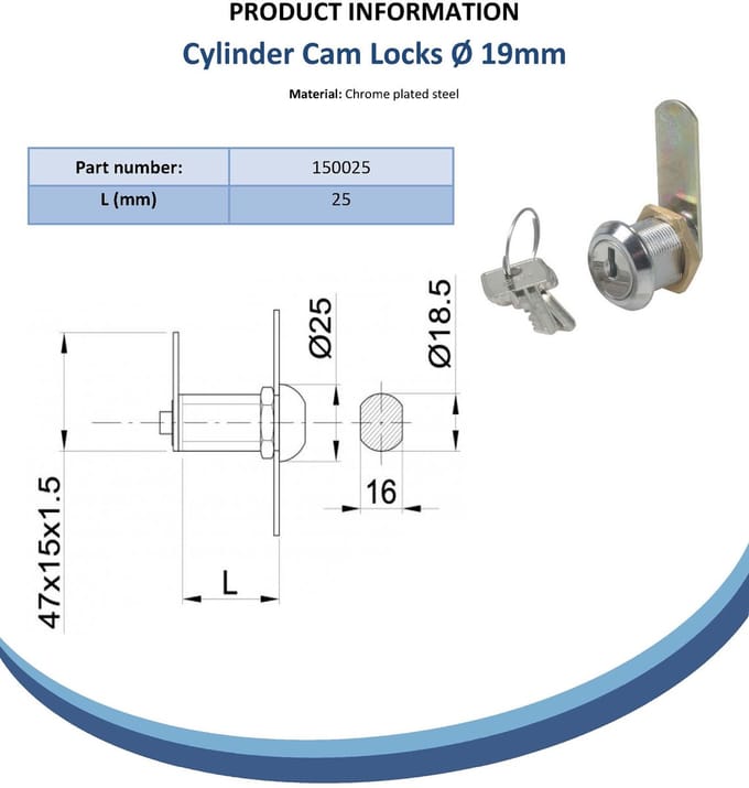 Cilinderslot met nok (schroefdraadlengte 25 mm)