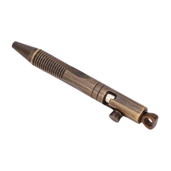 Mini Snelontgrendelbare Balpen Messing Zakformaat Compacte Pen met Afneembare Sleutelhanger Bovenop voor beige