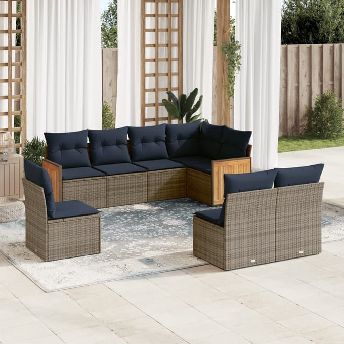 vidaXL - 8-delige - tuinbankset - met - kussens, - grijs - polyrotan