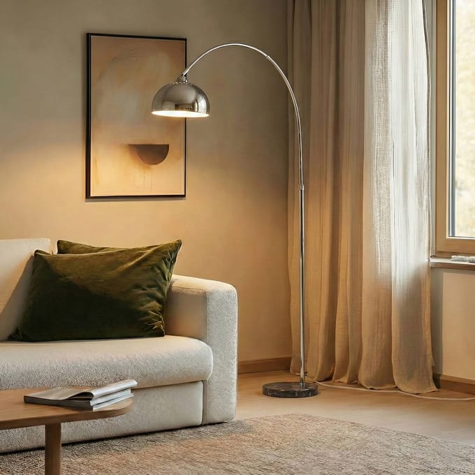 Lindby - booglamp - 1licht - IJzer, marmer - H: 185 cm - E27 - chroom, grijs