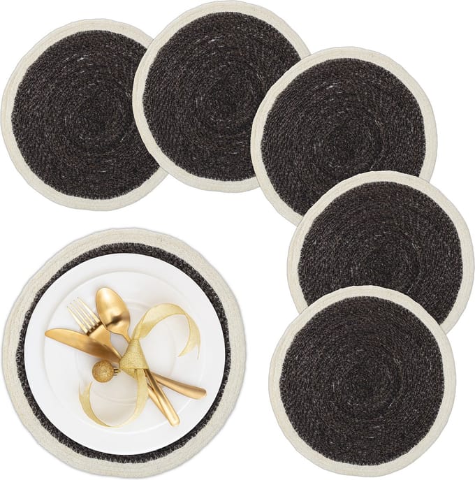 placemat - set van 6 - gevlochten zeegras - Ø 37 cm - rond - zwart-crème