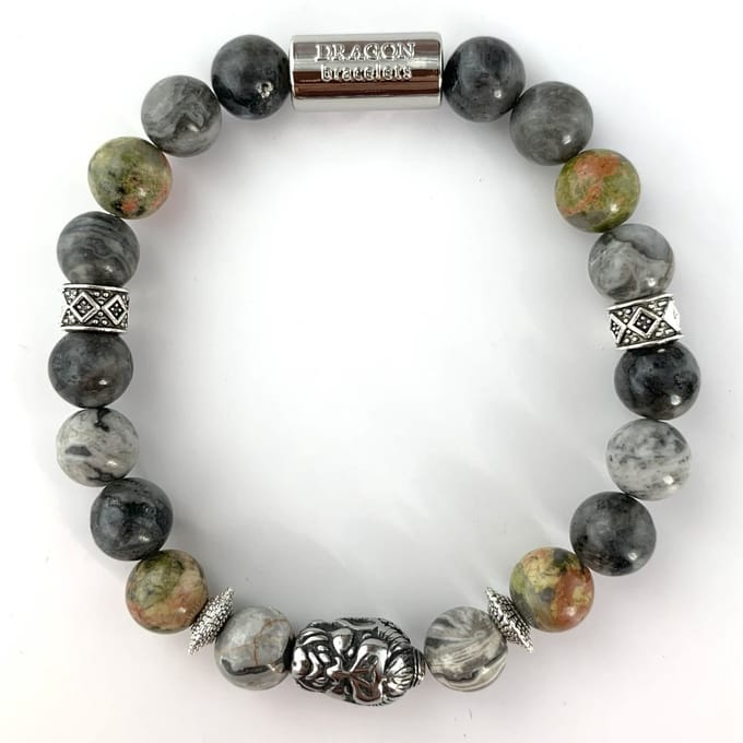 Dragon Bracelets - Heren Armband - Double Faced Buddha - Grijs - Jaspis - Unakiet