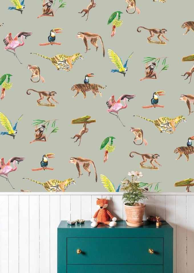Behang dieren Colorful Wildlife groen grijs