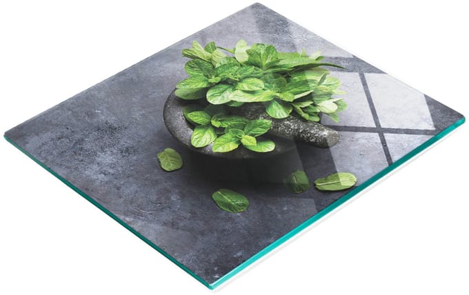 Decoratieve snijplank van gehard glas, mintgroene vijzel, 60x52 cm