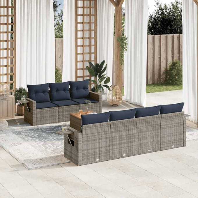 vidaXL - 8-delige - tuinbankset - met - kussens, - grijs - polyrotan
