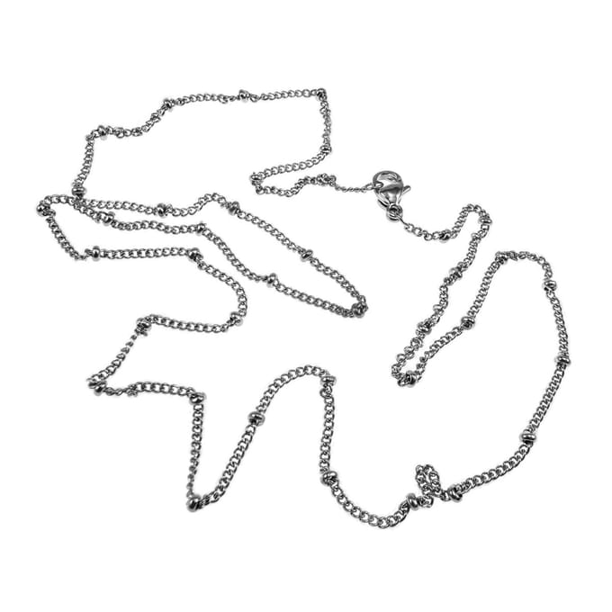 Fijne Schakelsketting met Vaste Kralen, Ketting Dames, Gepolijst RVS - Lengte 55cm