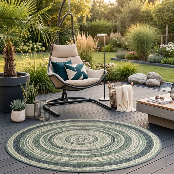 FLOORDIREKT Buitenkleed Zoe - Rond - Modern - Diameter: 120 cm - Blauw