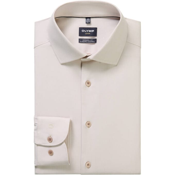 OLYMP 24/7 Luxor modern fit overhemd - twill - beige - Strijkvriendelijk - Boordmaat: 42