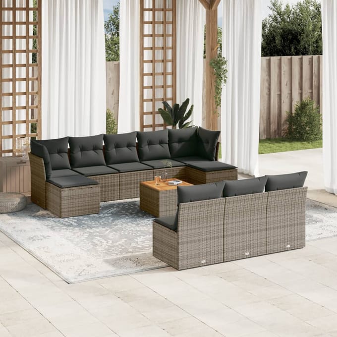vidaXL - 11-delige - Loungeset - met - kussens - poly - rattan - grijs