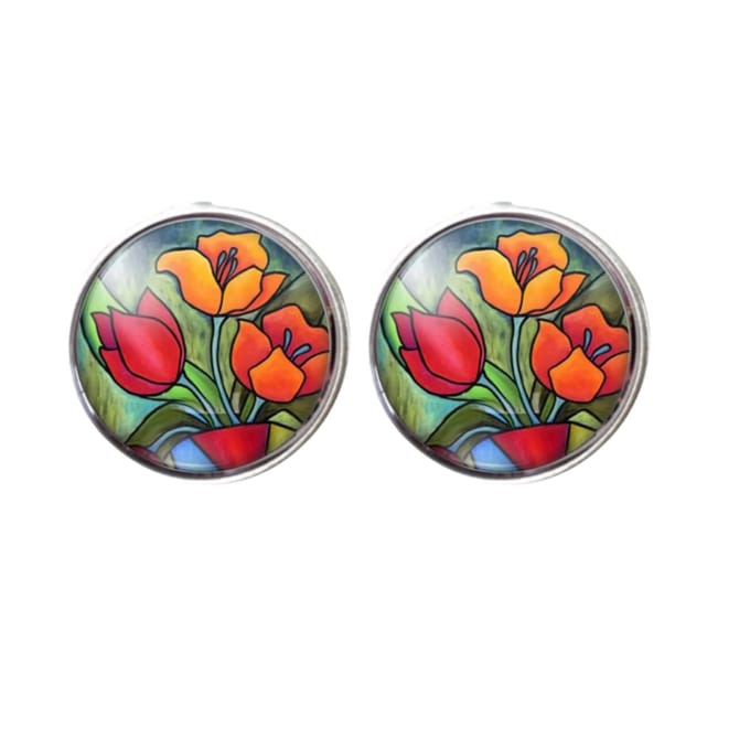 Oorbellen - Tulp 2 cm - rood - zilverrand - Charme Bijoux