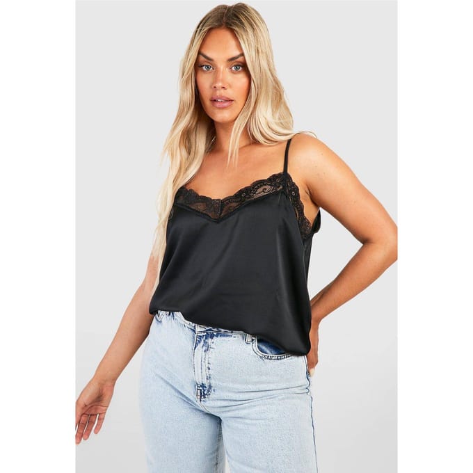boohoo Dames Plus Kant Trim Satin Cami | Zwart | Maat: 54
