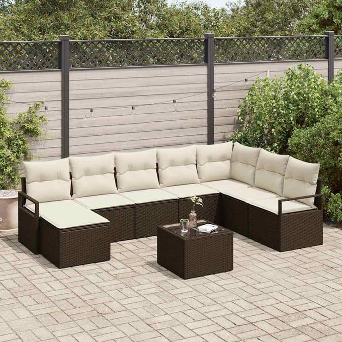 vidaXL Bankstel met kussen met opslag 9 pcs Bruin en Crème poly rattan