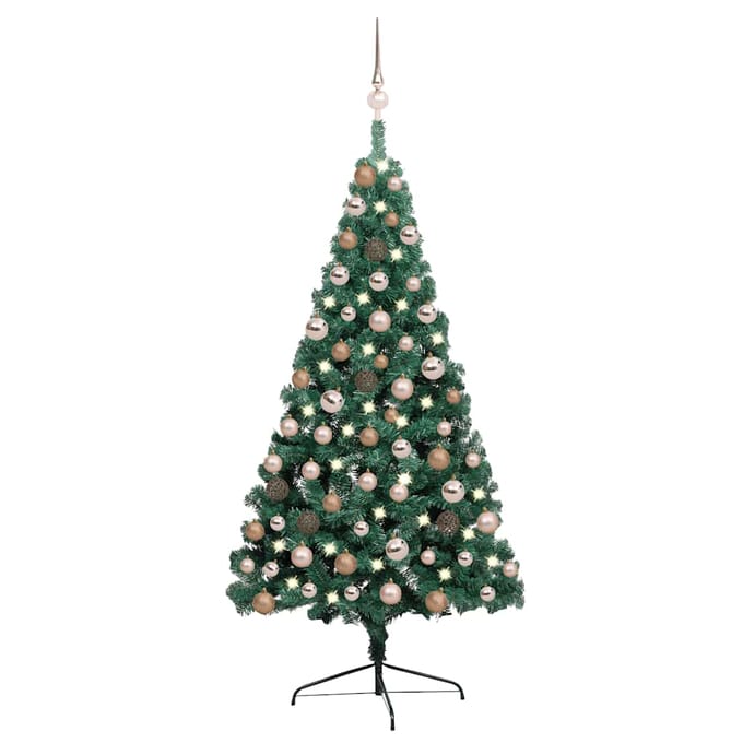 vidaXL - Kunstkerstboom - met - verlichting - en - kerstballen - half - 120 - cm - groen