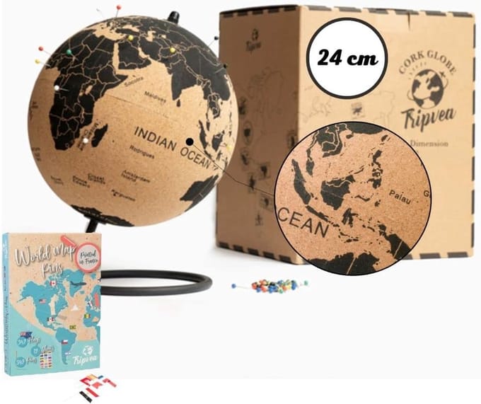 Wereldbol van zwart kurk - decoratieve wereldkaart - groot - 23cm - kurk